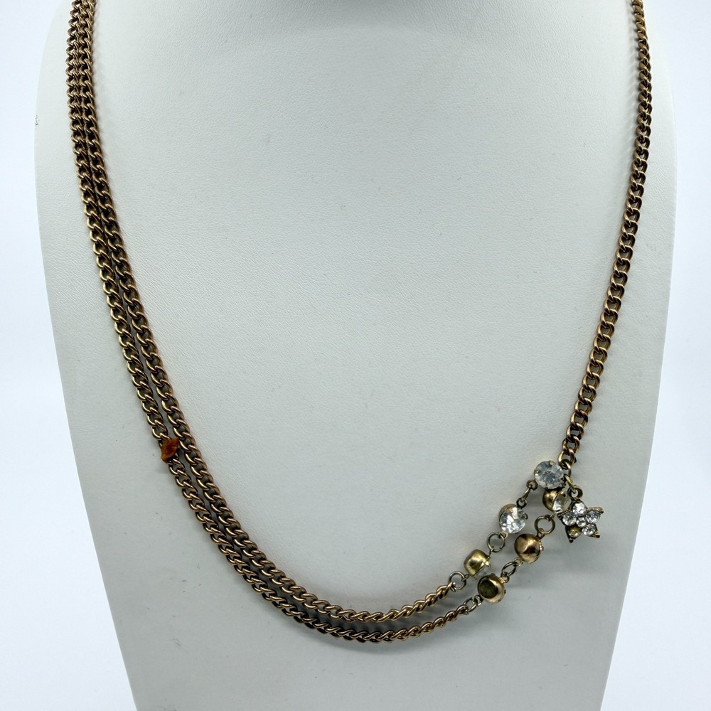 Vintage Antique Gold Tone Multi Strand Chain Necklace Rhinestone Flower Accent
